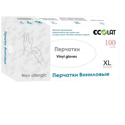 Перчатки виниловые, прозрачные, размер XL / EcoLat 100 шт