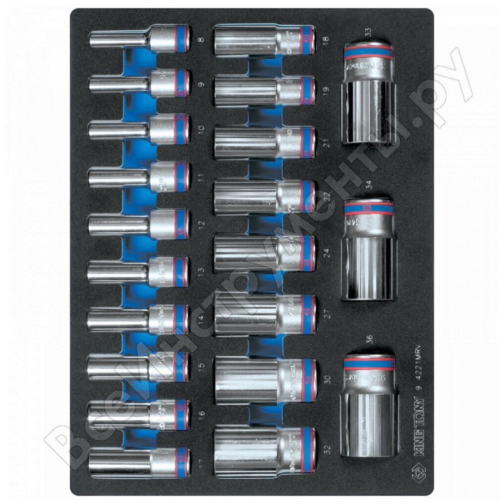 Набор глубоких торцевых головок 1/2", двенадцатигранные, 8-36 мм, ложемент, 21 предмет KING TONY 9-4221MRV
