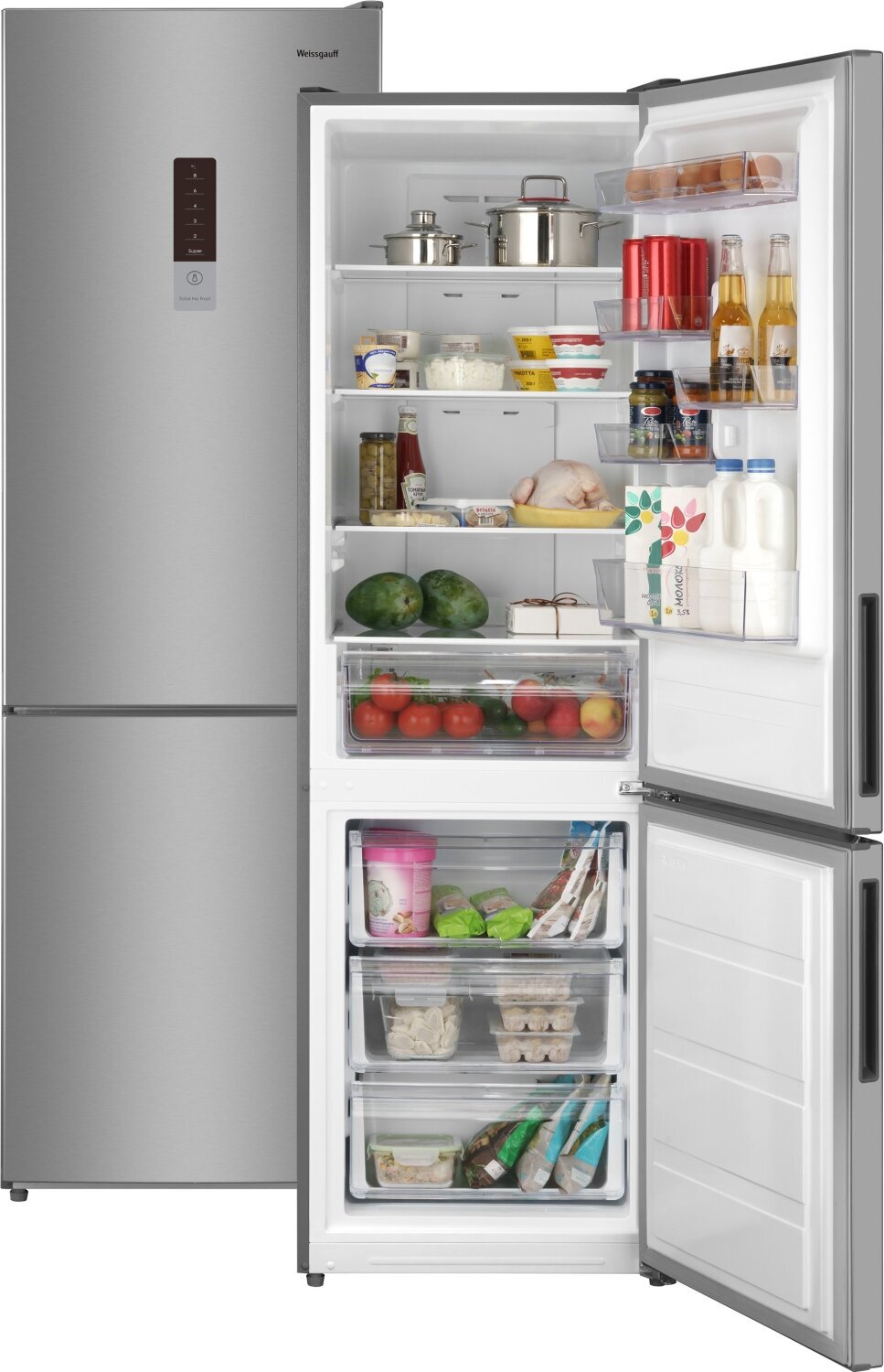 Отдельностоящий холодильник Weissgauff WRK 190 DX Total NoFrost двухкамерный, 3 года гарантии, Мощность замораживания 4 кг сутки, Сенсорное управление, Дисплей, LED освещение, Тихий режим, Перенавешиваемые двери
