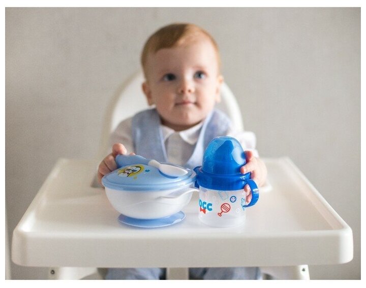 Набор детской посуды «Сладкий малыш», 3 предмета: тарелка на присоске, крышка, ложка, цвет голубой - фотография № 9