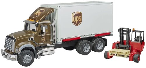 Набор техники Bruder Mack UPS с погрузчиком и палетами, 02-828 1:16, коричневый/серый/красный