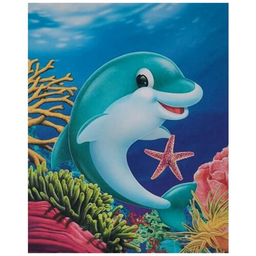 Алмазная мозаика для детей на подрамнике 21х25 см, Дельфин, частичная выкладка