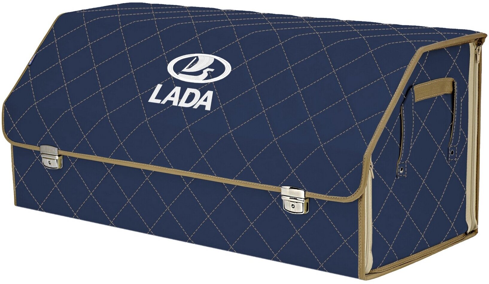 Органайзер-саквояж в багажник "Союз Премиум" (размер XXL). Цвет: синий с бежевой прострочкой Ромб и вышивкой LADA (лада).