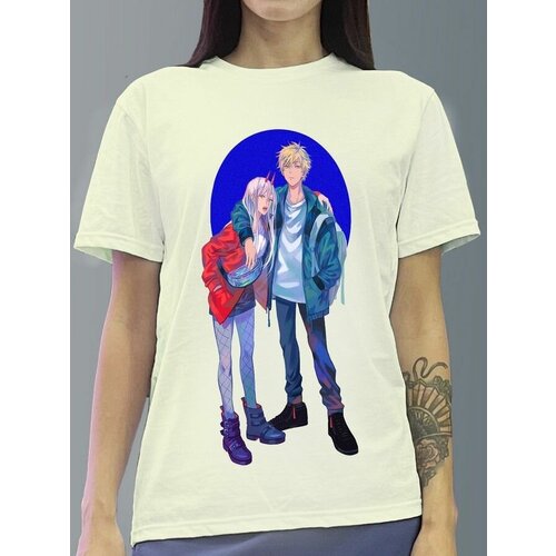 фото Футболка женская белая молочный оттенок из хлопка с dtf рисунком аниме chainsaw man - 1161 будь на стиле