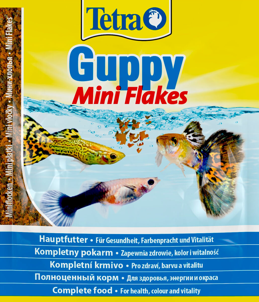 TETRA GUPPY MINI FLAKES корм хлопья для всех видов гуппи и других живородящих рыб (12 гр х 10 шт) (12 гр х 10 шт) - фотография № 1