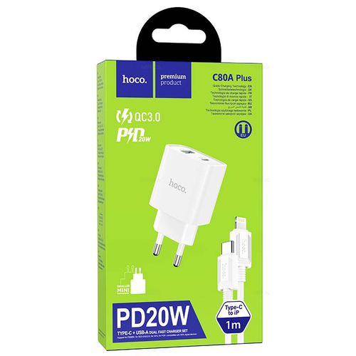 Сетевое зарядное устройство Hoco C80A Plus с шнуром Type-C на Lightning 1USB/1С PD3.0/QC3.0 3A 20W белое сетевое зарядное устройство hoco c80a rapido pd20w 20 вт белый