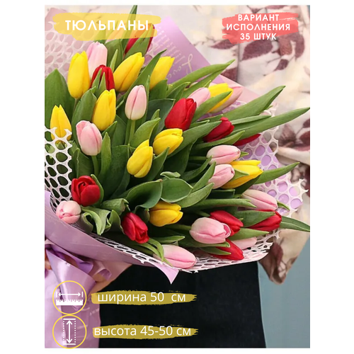 Букет Тюльпаны микс 35 штук от магазина Купить Цветы /цвет белый, красный, розовый, кремовый, лимонный, желтый, оранжевый / подкормка в подарок