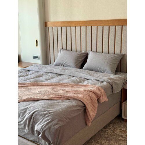 Комплект постельного белья однотонный, вареный хлопок светлый, серый, размер семейный