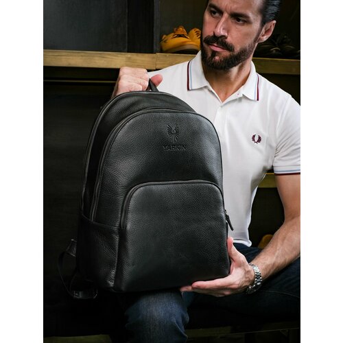 Рюкзак YARKIN Рюкзак - сумка мужской кожаный городской для ноутбука 15 YARKIN, фактура зернистая, черный