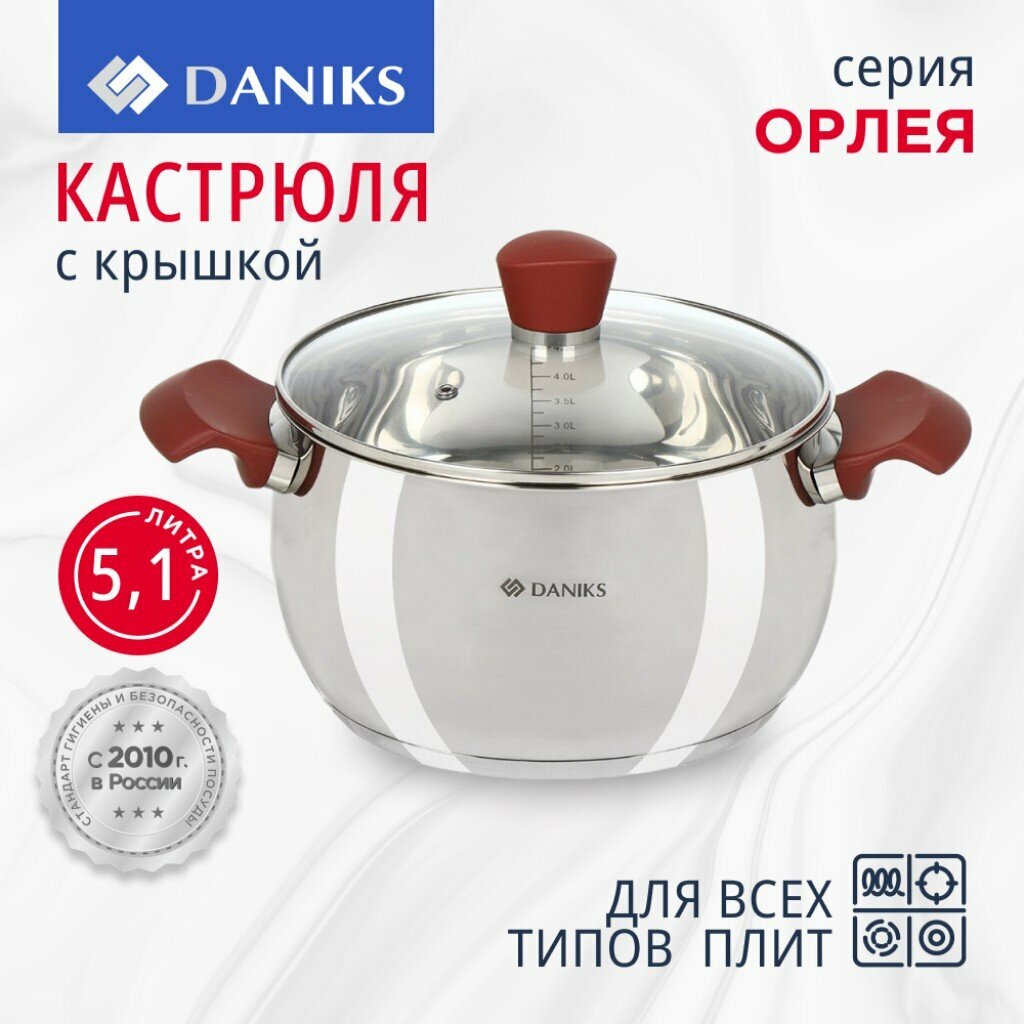 Кастрюля нержавеющая сталь 5.1 л с крышкой крышка стекло Daniks Орлея GS-01159P-22CA индукция
