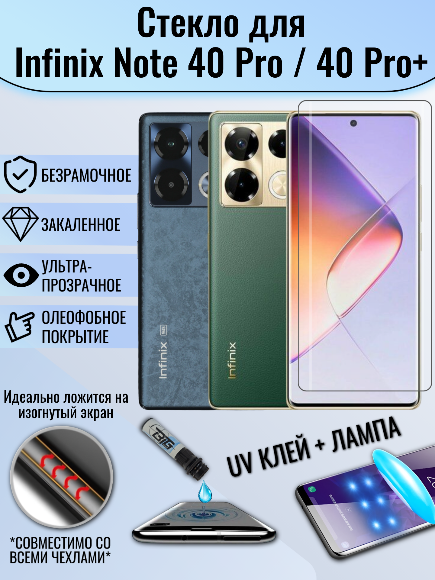 Защитное стекло для Infinix Infinix Note 40 Pro / Infinix Note 40 Pro Plus (+) с UV УФ клеем и лампой