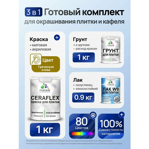 фото Комплект malare для окрашивания плитки и кафеля (1кг грунт + 1кг краска + 0,9кг лак), без запаха, полуглянцевый, цвет греческая олива