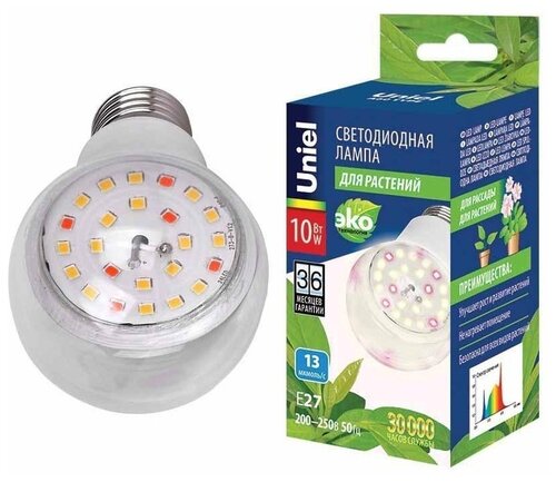 LED-A60-10W-SPFB-E27-CL PLP30WH Лампа светодиодная для растений. Форма A. прозрачная. Спектр для фотосинтеза. Картон. ТМ Uniel (комплект 2шт)