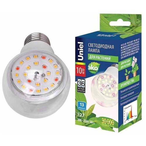 LED-A60-10W-SPFB-E27-CL PLP30WH Лампа светодиодная для растений. Форма A. прозрачная. Спектр для фотосинтеза. Картон. ТМ Uniel (комплект 3шт)