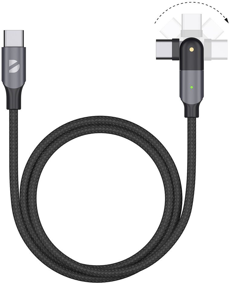 Дата-кабель USB-C - USB-С, поворотный, 180˚, USB 2.0, 3A, 1.2м, алюминий, нейлон, черный, Deppa 72330