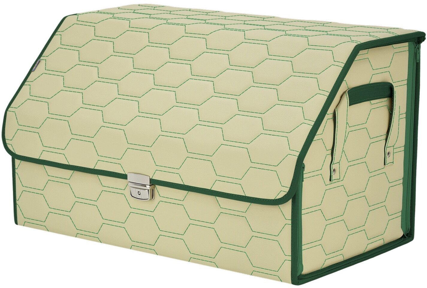 Органайзер-саквояж в багажник "Союз Премиум" (размер XL). Цвет: светло-бежевый с зеленой прострочкой Соты.