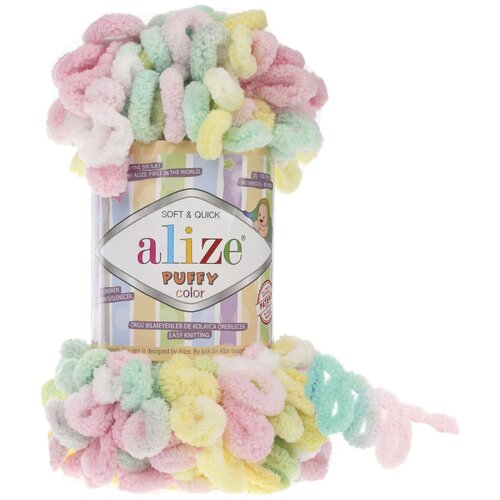 Плюшевая пряжа Alize Puffy Color (Ализе Пуффи Колор) - 2 мотка 5862 мята-розовый-желтый, для вязания руками, большие петли (4см), 9м/100г пряжа плюшевая alize puffy ализе пуффи 2 мотка 529 персиковый для вязания руками гипоаллергенная большие петли 4см 9м 100г