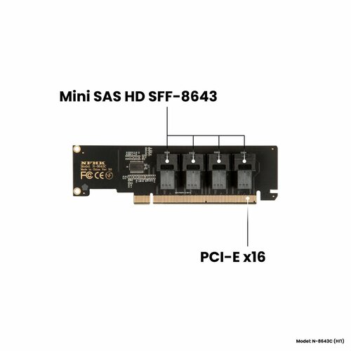 Адаптер-переходник (плата расширения) низкопрофильная версия на 4 порта Mini SAS HD SFF-8643 в слот PCI-E 3.0/4.0 x16, черный, NHFK N-8643C sff 8643 to m 2 adapter m 2 module with mini sas hdd connector support intel 750 series u 2 pcie nvme ssd sff