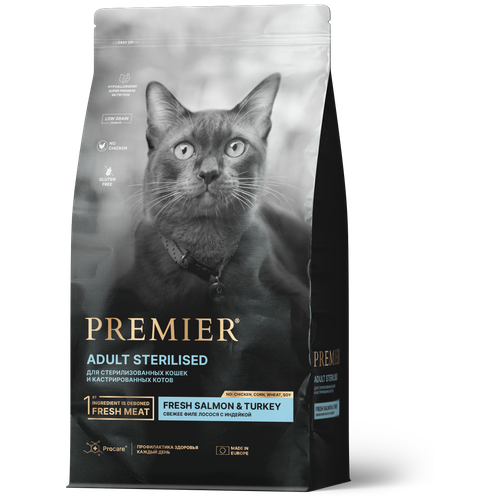 Сухой корм для стерилизованных кошек и кастрированных котов Premier при чувствительном пищеварении, лосось с индейкой 400 г (мини-филе)