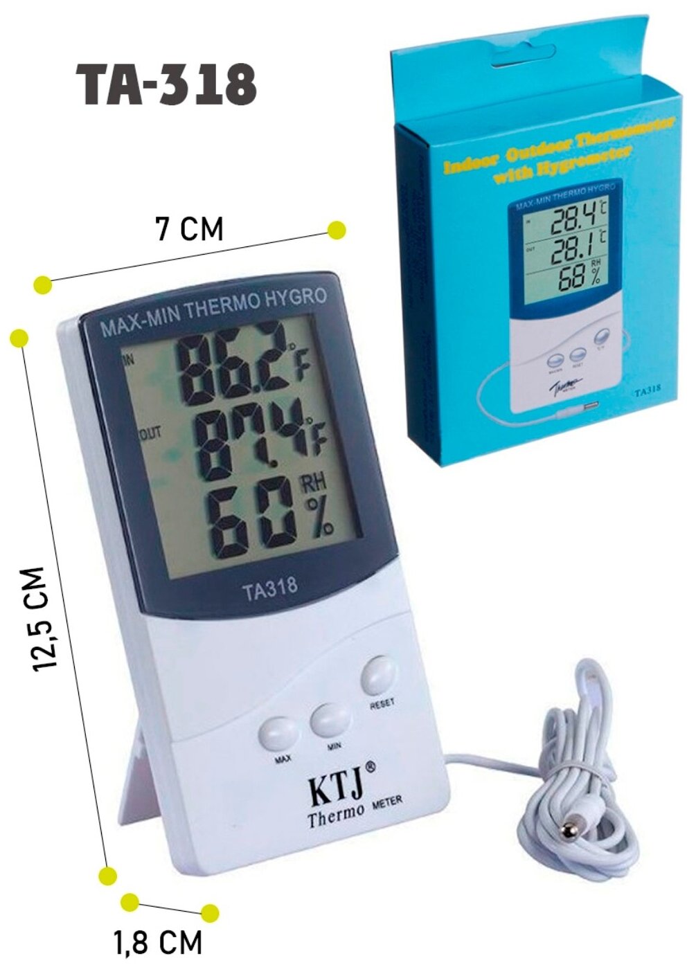 Термометр-гигрометр электронный, TA-318 , ЖК дисплей с выносным датчиком - фотография № 4