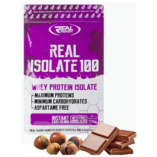 фото Изолят сывороточного протеина real pharm real isolate 100, 700г (шоколад-фундук) / для набора мышечной массы и похудения