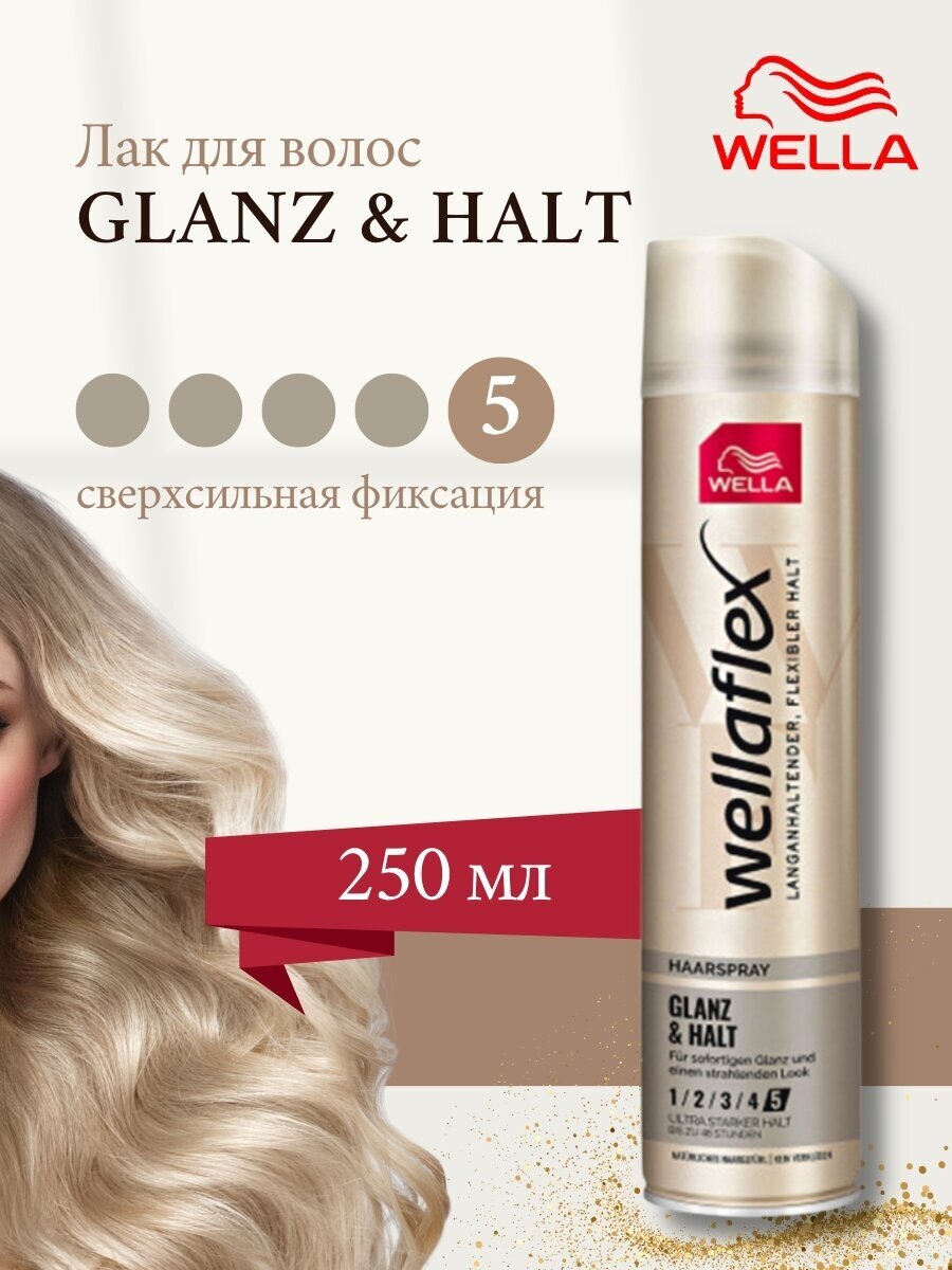 Лак для волос, "WELLA Deluxe", Glanz&Halt, блеск и фиксация, ССФ 5, 250 мл.
