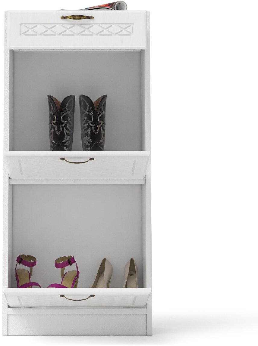 Обувница высокая с ящиком П-6, цвет белая шагрень/фасады МДФ белое дерево фрезеровка ромб, ШхГхВ 50х35х108,3 см.