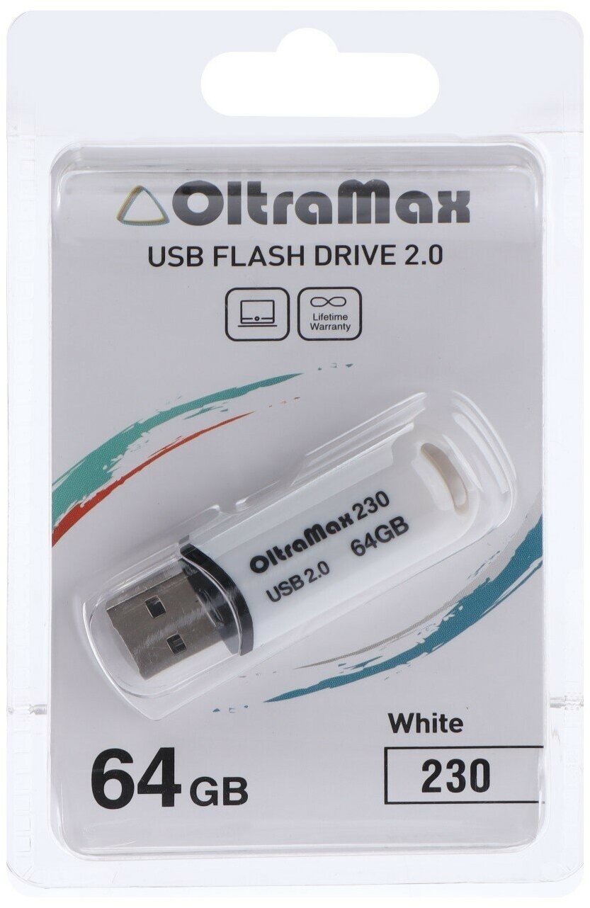 Флешка OltraMax 230, 64 Гб, USB2.0, чт до 15 Мб/с, зап до 8 Мб/с, белая