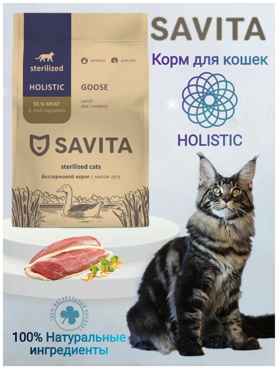 Cухой корм для стерилизованных кошек SAVITA, беззерновой класса HOLISTIC со свежим мясом гуся, морковью и тыквой, 2 кг. - фотография № 2