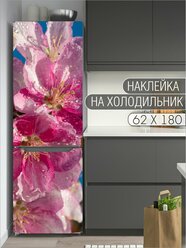 Интерьерная наклейка на холодильник "Розовые цветки с росой" для декора дома, размер 62х180 см