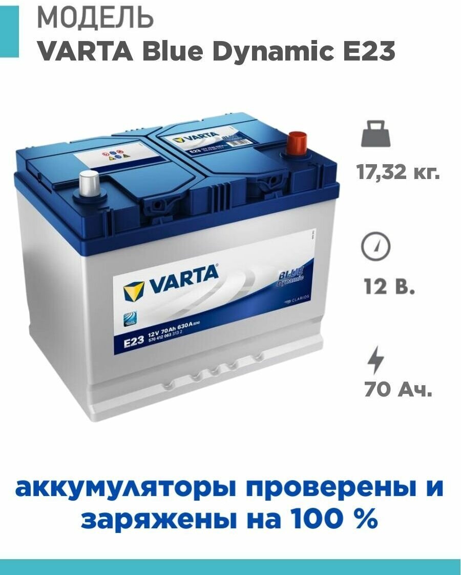 Аккумулятор Varta E23 Blue Dynamic 570 412 063, 261x175x220, обратная полярность, 70 Ач