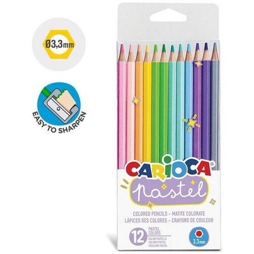 Карандаши 12 цветов Carioca Pastel, деревянные, шестигранные, нежные пастельные цвета. грифель 3,3 мм, ПВХ. европодвес