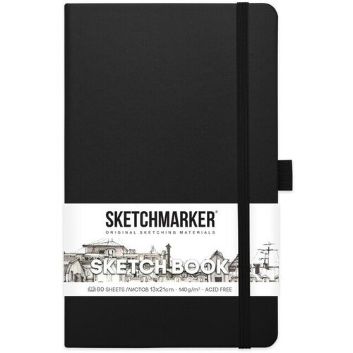 Скетчбук Sketchmarker, 130 х 210 мм, 80 листов, твёрдая обложка из искусственной кожи, чёрный, блок 140 г/м2