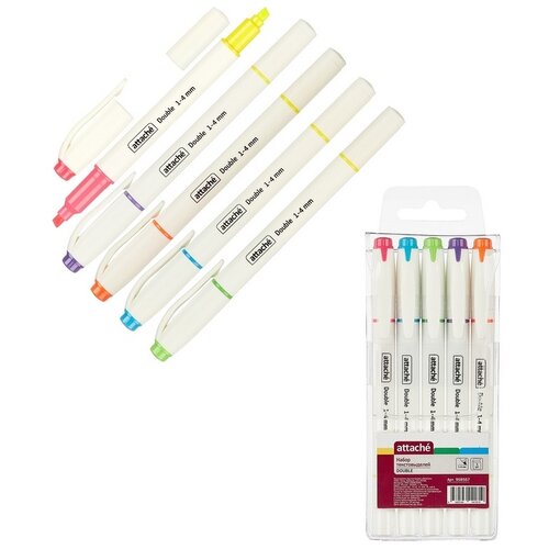 фото Маркер выделитель текста attache double, 1-4 мм, набор 6 цветов-5 маркеров (958567)