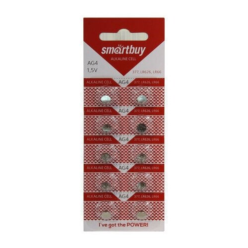 Батарейка SmartBuy AG4, 1.5V (377, LR626, LR66; 10шт) батарейка ag4 lr66 377 626 1 5v smartbuy blister 1 шт