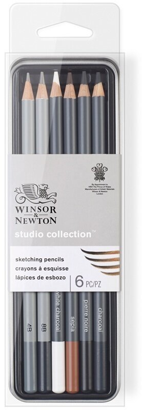 Чернографитные карандаши Winsor&Newton (4В, 8В, белый мел, угольный, черный), в пенале (490011)