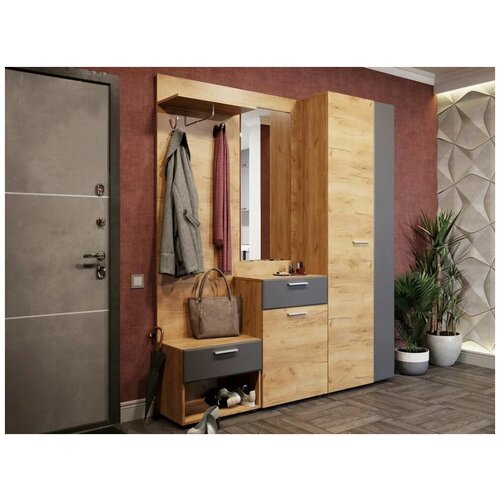 Прихожая стиль МК Прихожая Сафари со шкафом и обувницей Дуб Крафт золотой / Графит Софт