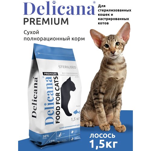 DELICANA Корм сухой для стерилизованных кошек / кастрированных котов Лосось с витаминами и минералами 1,5 кг