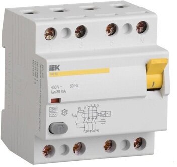 Дифференциальный выключатель нагрузки УЗО ВД1-63 4 полюса 32А Тип AC 30мА | код. MDV10-4-032-030 | IEK (2шт. в упак.)