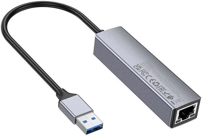 USB Хаб (HB34) c 1 USB на 3 USB 3.0+RJ45, HOCO, металлический серый