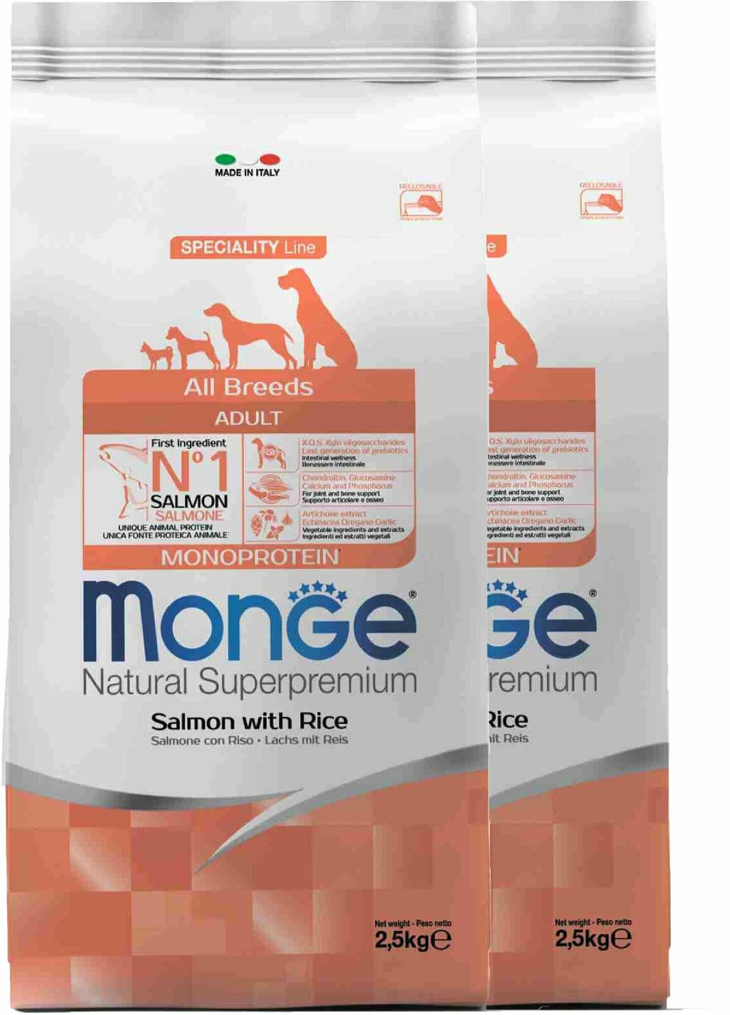 Monge Dog Monoprotein корм для собак всех пород лосось с рисом 2,5 кг х 2шт.