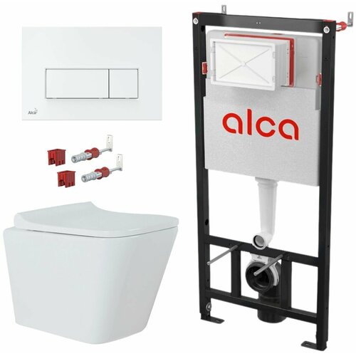 Готовый набор инсталляции Alcaplast с белой панелью смыва +унитаз подвесной Azario Teramo смыв торнадо, безободковый, система антивсплеск