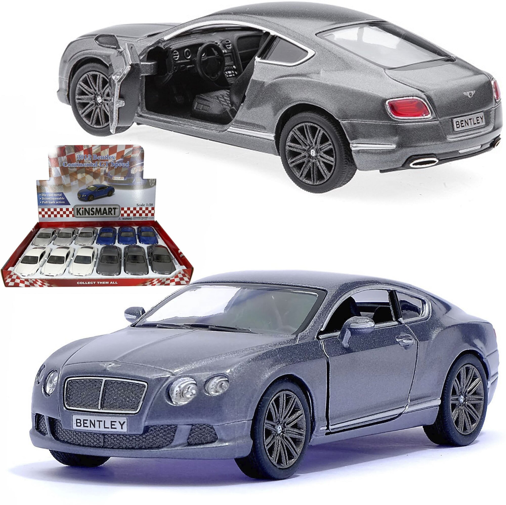 Машинка игрушка для мальчика металлическая, инерционная 1:38 2012 Bentley Continental GT Speed в дисплейбоксе, серый, в подарок для ребенка на день рождения, новый год или 23 февраля