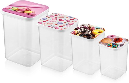 Набор пластиковых контейнеров для хранения сыпучих продуктов 4 штуки 900+1400+2100+3100 мл дизайн Макаруны