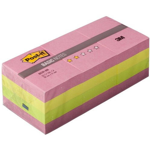Блок-кубик Post-it Basic, 38х51 мм, неоновая радуга, 12 блоков (7100041084) комплект 18 штук стикеры post it basic 654r bp розов 76х76 мм 100 л