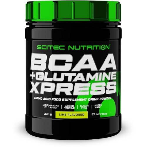 Аминокислоты BCAA 2:1:1, глютамин и таурин Scitec Nutrition BCAA+Glutamine Xpress, 5000 мг в порции, порошок 300 г, лайм