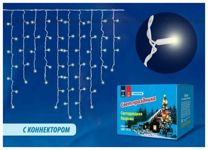 Гирлянда светодиодная бахрома Uniel ULD-B3007-200/TBK электрическая 3 м теплый белый свет 1 режим 200 ламп цвет черный - фото №18