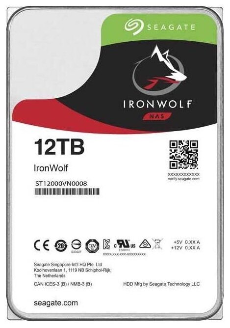 Жесткий диск/ HDD Seagate SATA 12Tb IronWolf 6Gb/s 7200 256Mb 1 year warranty (replacement ST12000VN0008)