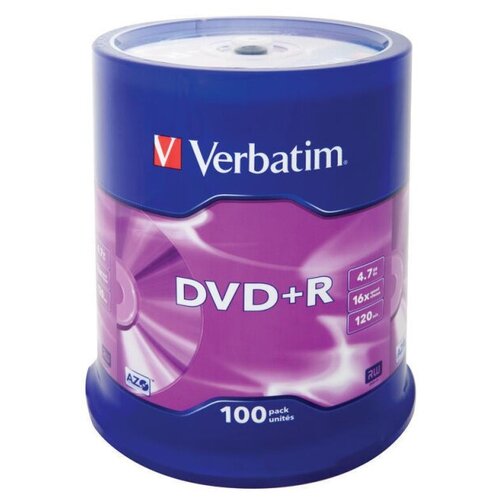 Носители информации DVD+R, 16x, Verbatim Azo Matt Silver, Cake/100, 43551