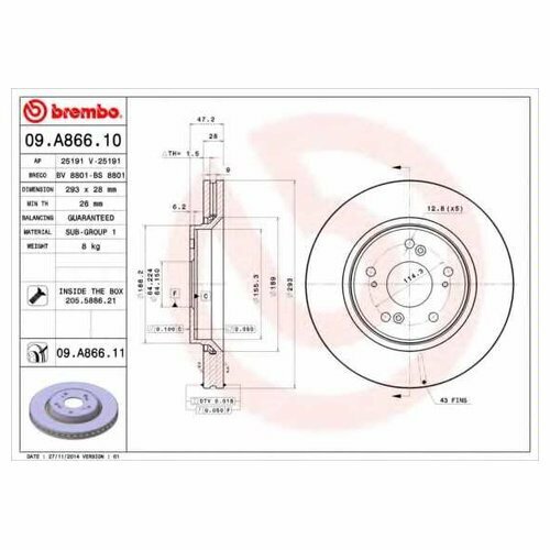 Тормозной диск передний Brembo 09a86610 для Honda CR-V III, IV